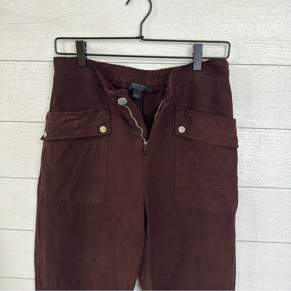 All Saints Burgundy Linen Lyocell Joggers Sz 8 Relaxed Soft Trousers Minimal - Picture 4 of 12